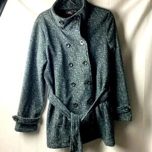 IKE BEHAR WO SIZE XL BELTED COAT DOUBLE BUTTONS POCKETS BLACK GRAY HEATHER